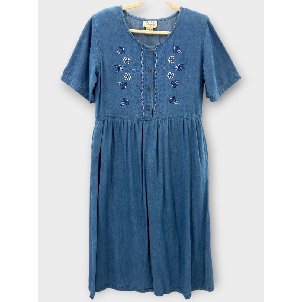 Vintage J Gee Chambray Embroidered Prairie Midi Dress XL Pockets Artsy Teacher